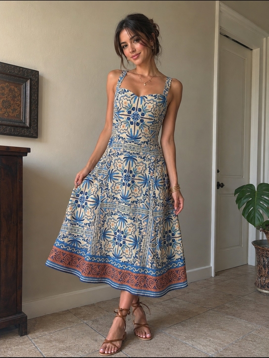 Avec Les Filles Dresses & Skirts - Avec Les Filles Blue, Cream & Rust Tile-Print Midi Dress